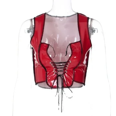 

YICIYA Sexy Punk Women Shiny PU Leather Lace Up Crop Tops Femme Patchwork Line Tank Top Bandage Hollow Out Party Festival Tops