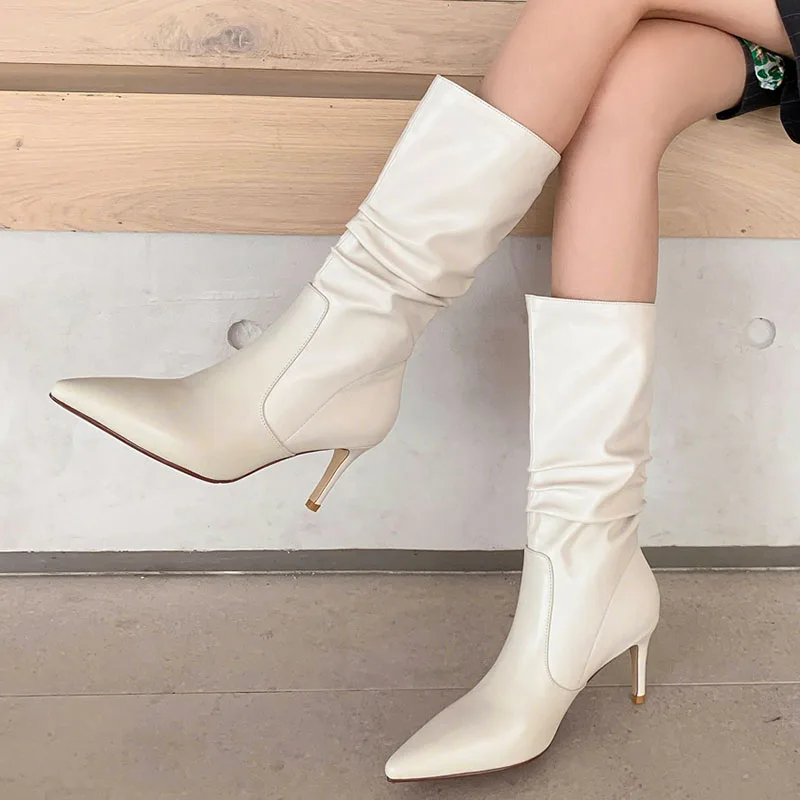 

Thin Heel Pleated Boots 2021 Autumn Winter New Pointed Solid Color Middle Heel Boots Cowhide Boots Sexy Fashion Simplicity Incre