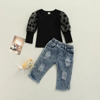 baby girl tops jeans suit long puff sleeve round neck see through dot mesh shirt ripped blue trousers