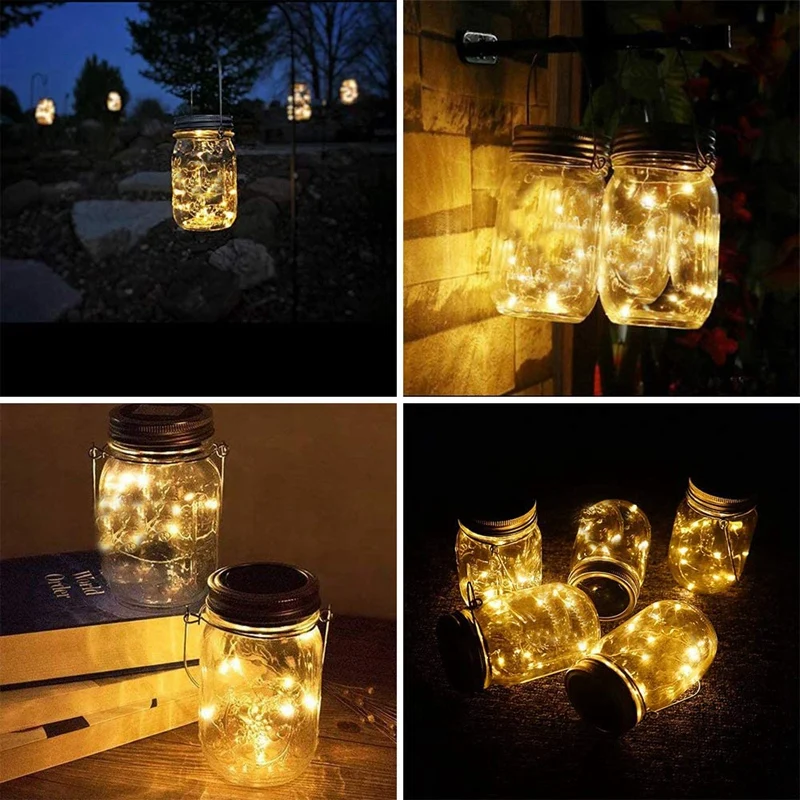 

Solar Mason Jar Lights, 2 Pack 20 LED Waterproof Fairy Firefly Jar Lids String Lights with Hangers - Warm White