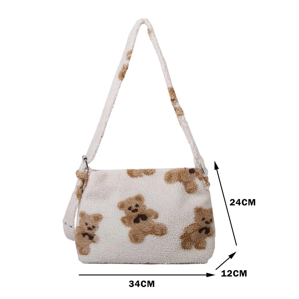 

Fashion Cute Bear Printed Lamb Fleece Shoulder Bags for Women 2021 Portable Large Capacity Messenger Bags Commuter Totes