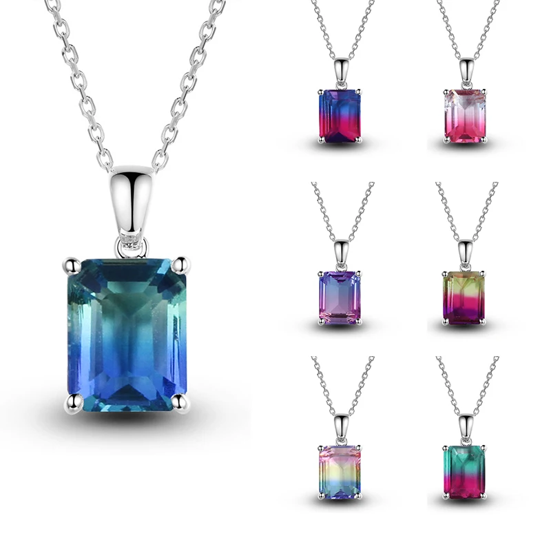

Color Changing Rectangle Stone Crystal Pendant Necklace for Women Girl Charm Glamour Silver Color Necklace Classic Design Chain