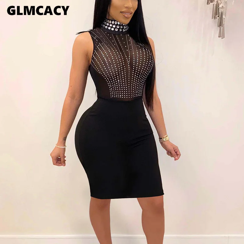 Женское сексуальное Бандажное платье без рукавов черное Клубное с бусинами и