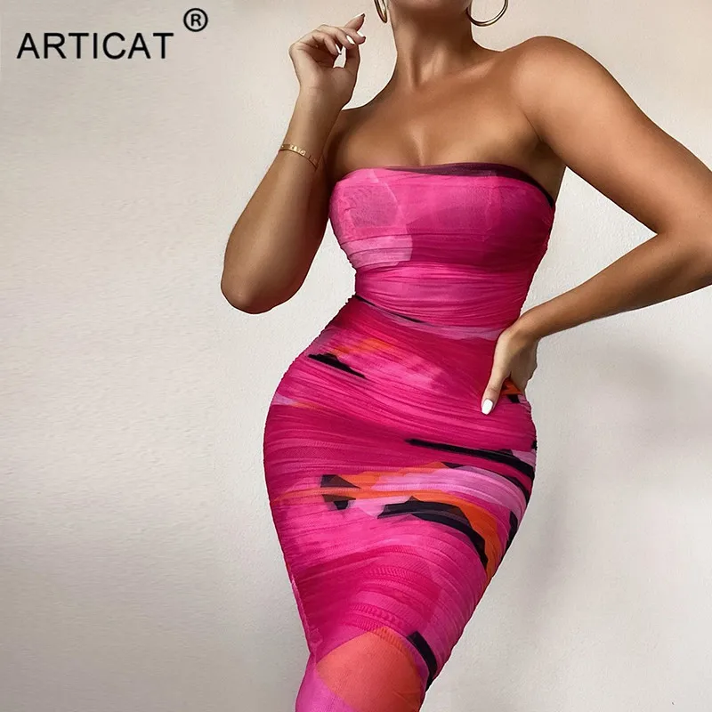 Женское платье без бретелек Articat с рюшами сексуальное мини рукавов открытой