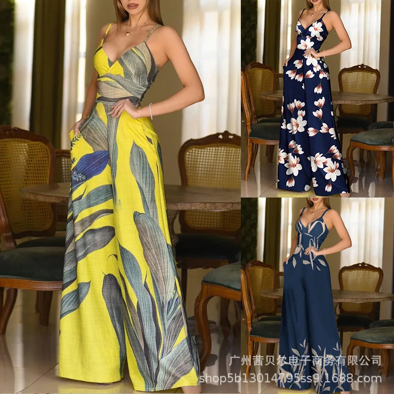 

2021 New Print Spaghetti Strap Jumpsuits for Women Fashion Sexy V-Neck Long Jumpsuit Women Elegant