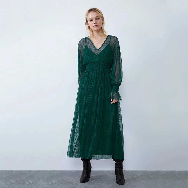 2019 ZA Новое платье в горошек для женщин модное Сетчатое кружевное Свободное с v