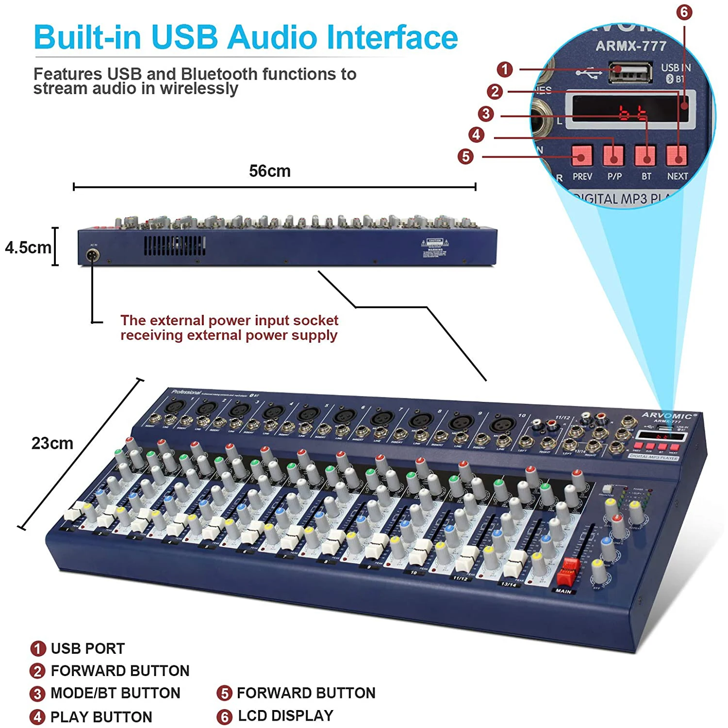 ARVOMIC профессиональный звуковой микшер 14 каналов USB-вход функция Bluetooth фантомное