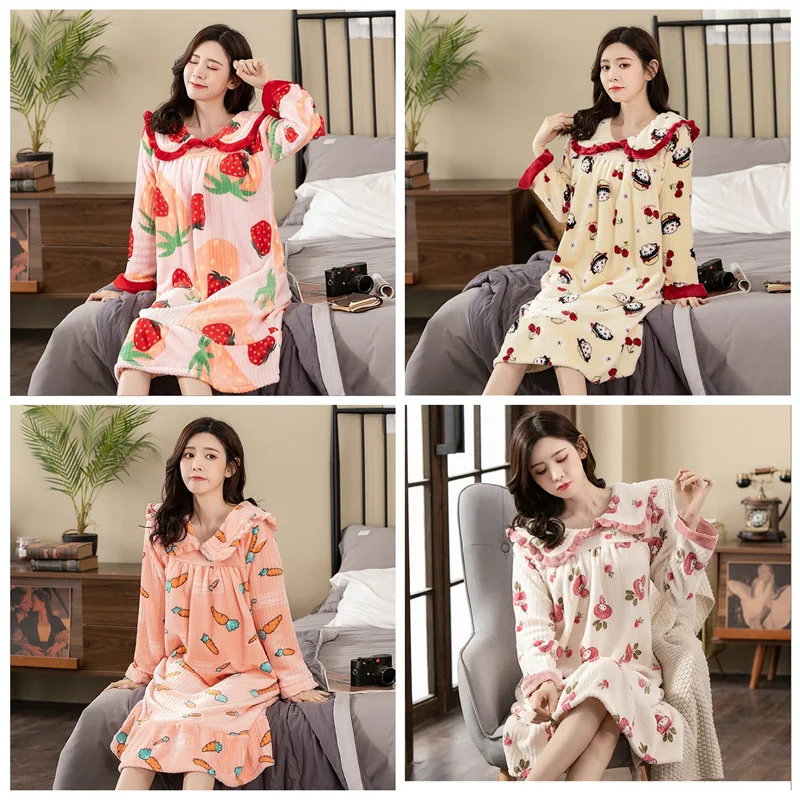 2021 Spring Autumn New Nightdress Women's Long Sleeve Korean Cartoon Flannel Nightdress Baby Collar Home Wear Women Nightgown