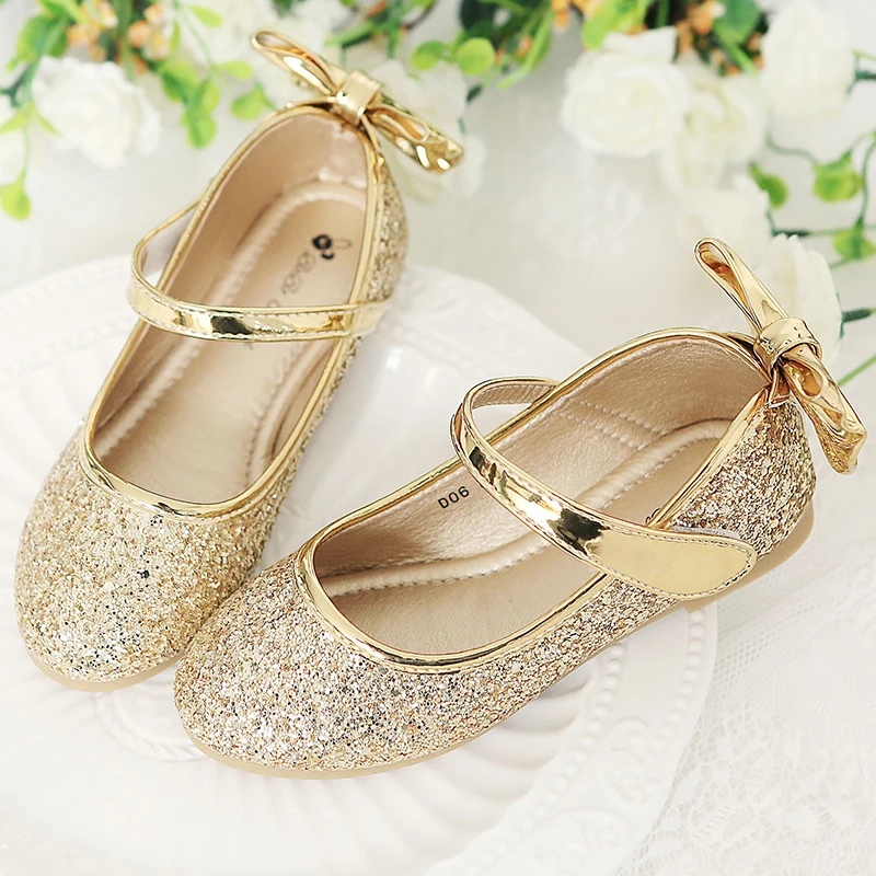 Zapatillas planas con lazo de lentejuelas para ni&ntilde;a, zapatos de princesa de fondo suave, talla 25-35, STX002-0