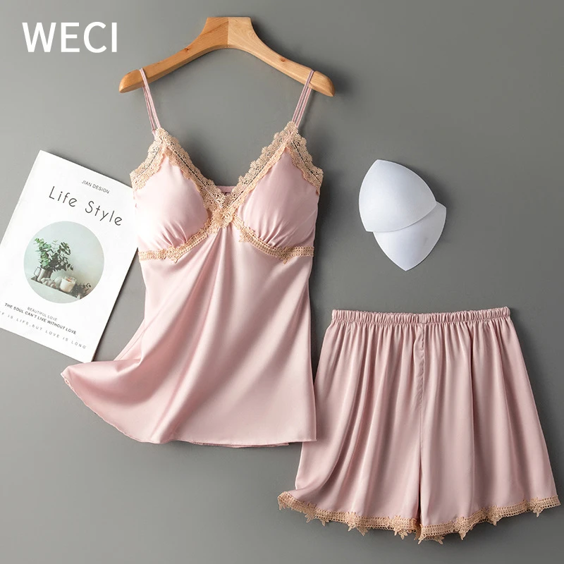 

WECI Silk Sensual Pajamas Satin Woman Sexy Nightie Home Camisoles Suits With Shorts Women Two Piece Set Summer Nighty For Ladies