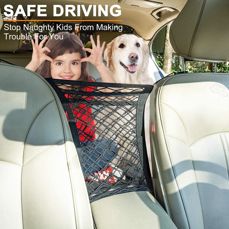 

3-Layer Car Mesh Storage Pouch Stretchable Seat Back Net Bag Easy Install Pet and Kid Net Barrier Car Divider for Driving Safely