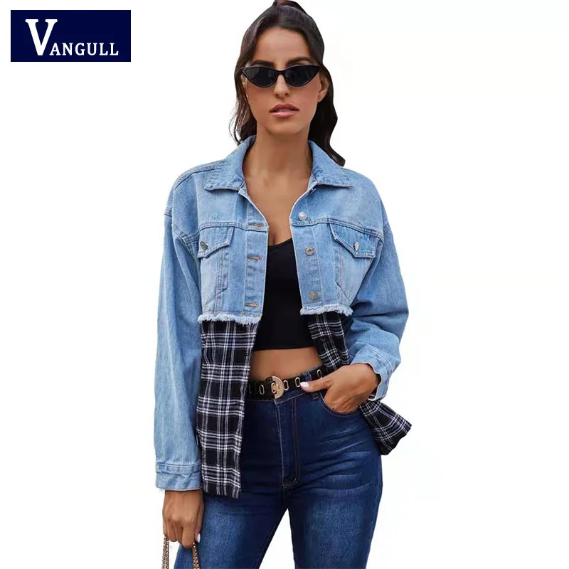 

Vangull Fashion Single-breasted Long Sleeves Turn down Collar Spring and Autumn Retro Color Matching Plaid denim Loose Jacket