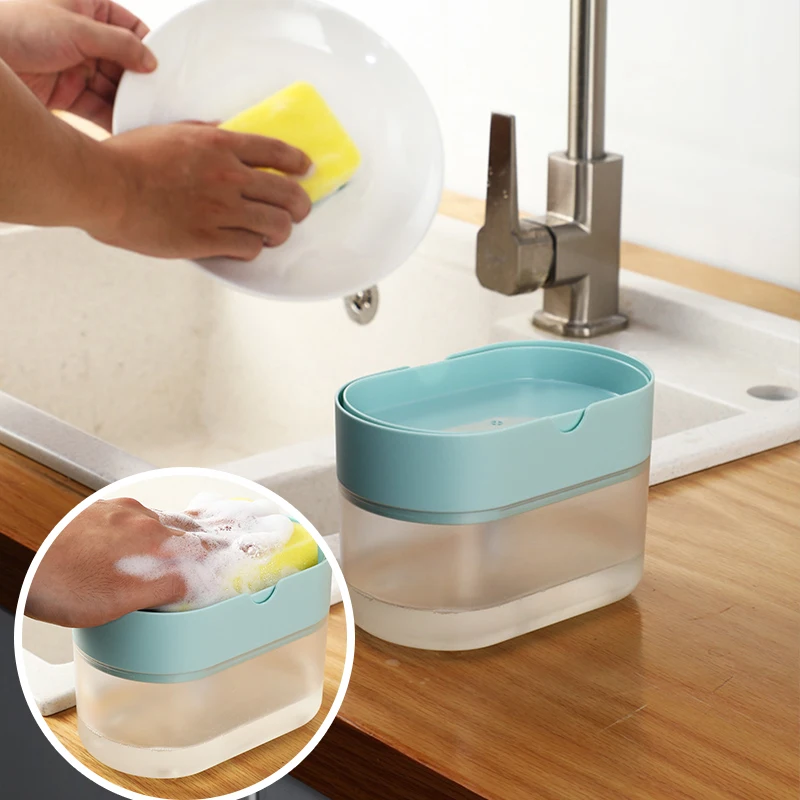 2 in 1Kitchen Hand Press Soap Lye Storage Box Pump Dispenser Detergent Filling Injector Sponge Automatic |