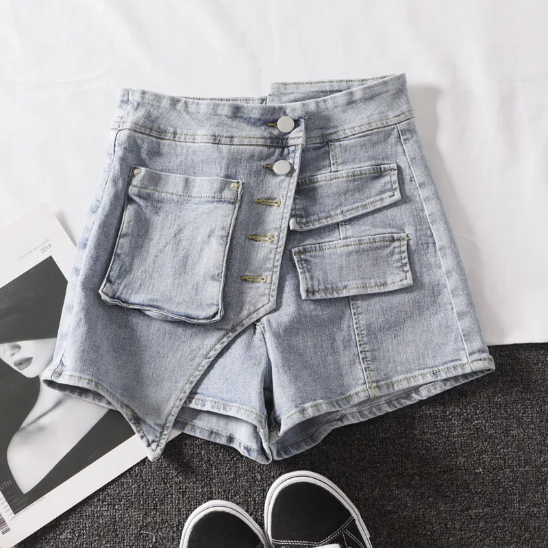 

Korean Fashion Irregular Single-Breasted Denim Skirt High Waist Slimming Stretch Mini Shorts Skirt Women Faldas Mujer Moda 2021