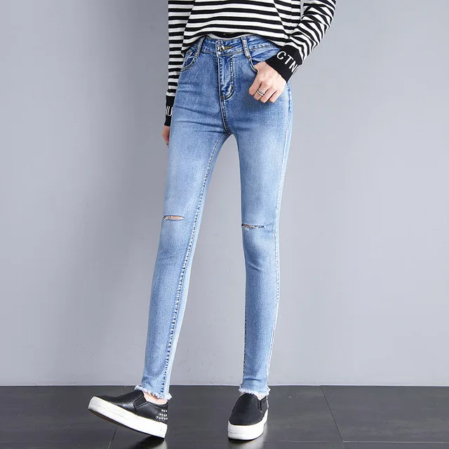 

Для женщин Потертая джинсовая ткань; Женские высокие эластичные брюки-карандаш джинсы женские Эластичные Обтягивающие джинсы с Высокая Та...