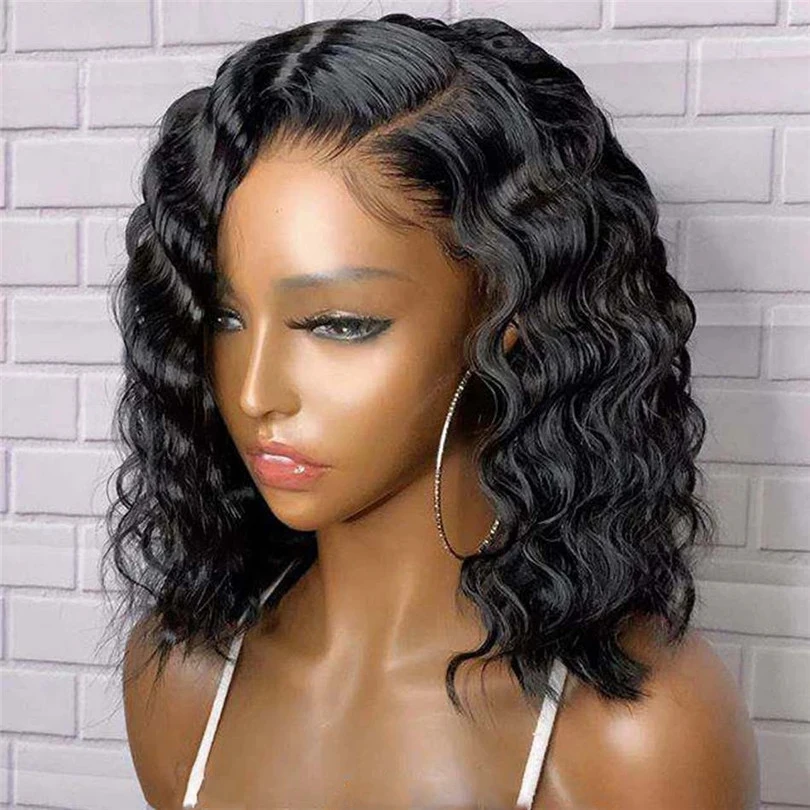 

1B Black Color Short Cut Bob Wavy Synthetic Hair Lace Front Wig For Women Heat Resistant Fiber Preplucked Hair Wigs Glueless
