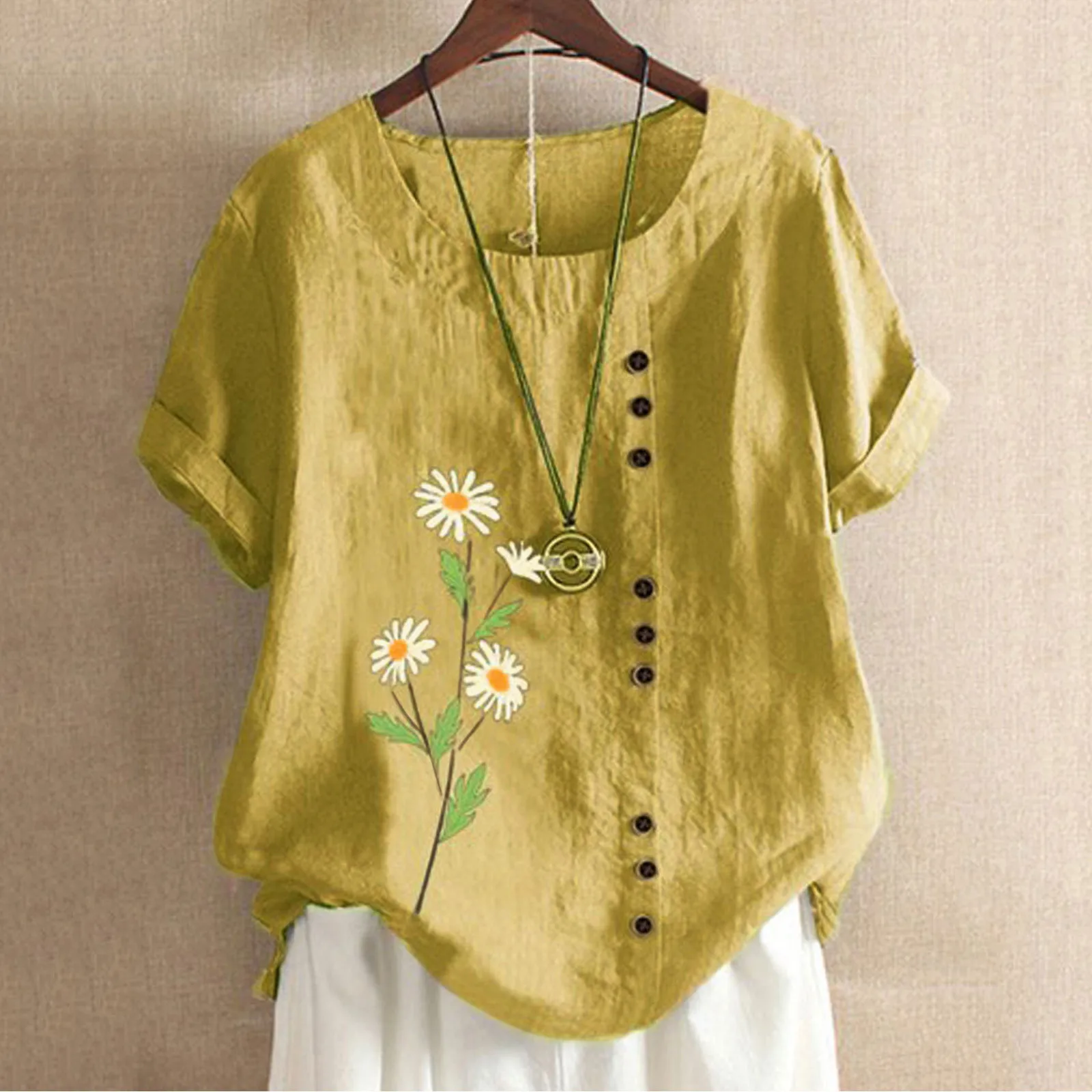 

Women Print Casual Short Sleeve O-neck Button Loose Shirt Top Blouse