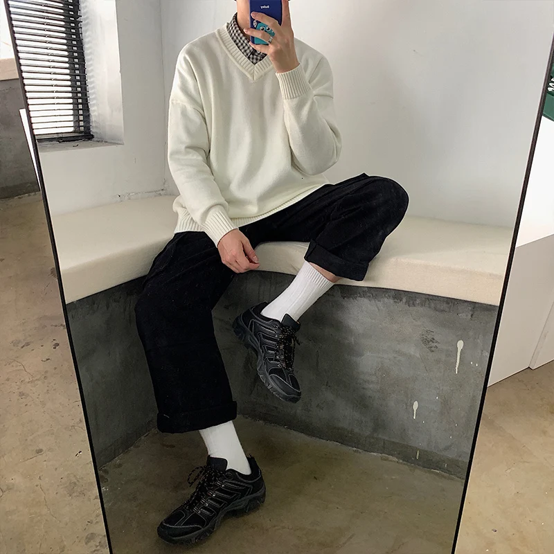 Мужской свободный свитер с V-образным вырезом однотонный простой хлопковый