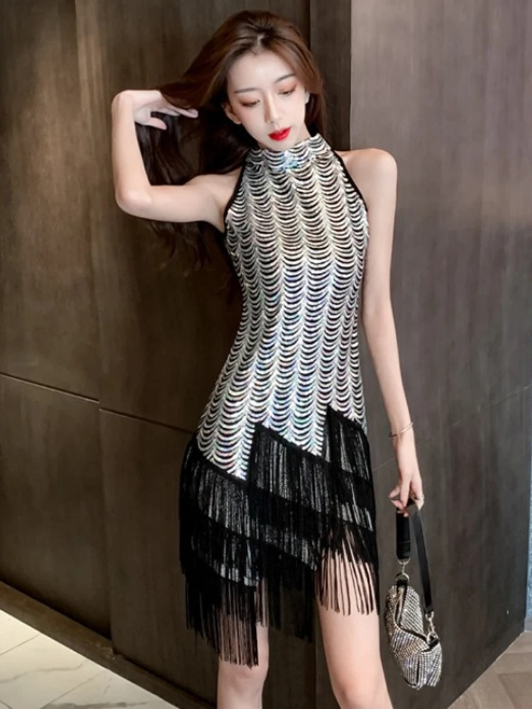 

Sexy Women Black Tassel Off The Shoulder Dresses Retro Halter Sequins Mini Dress Female Casual Club Bodycon Party Dress Vestidos