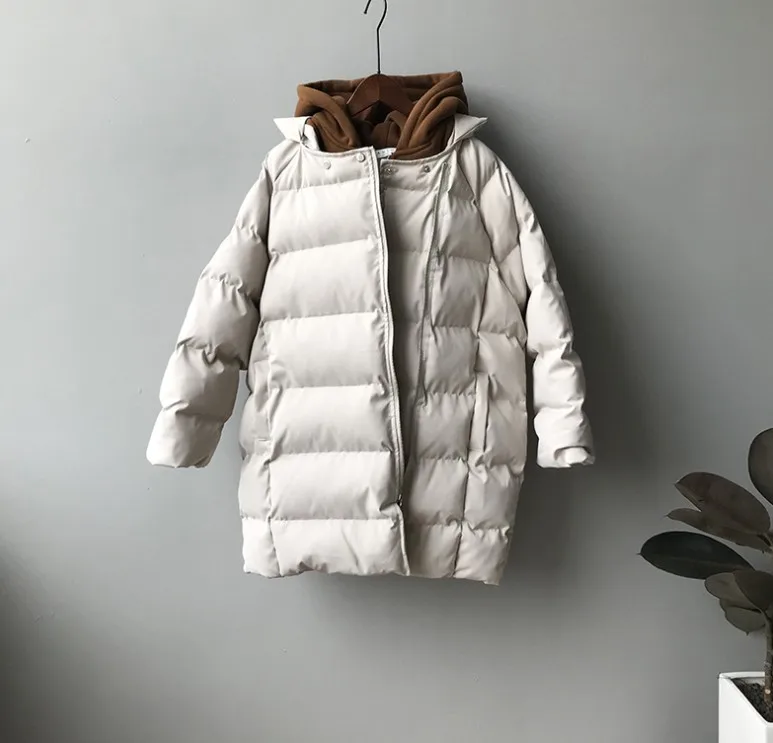 Beige Женские зимние парки, новинка, зимняя Свободная верхняя одежда из двух частей с капюшоном, средней длины, студенческие пальто с хлопковой подкладкой, стеганая куртка - Цвет: Beige