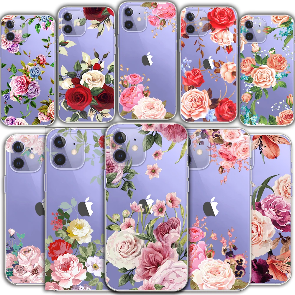 

iPhone 12 Mini 11 Pro Max Transparent Phone Case Protective Back Cover XR 7 8 Plus X S SE 2020 Cute Blooming Flower Protective