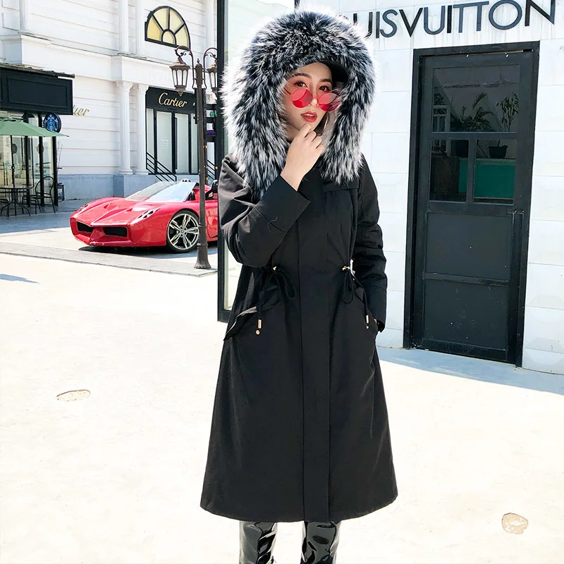 Женская парка с подкладкой из натурального кроличьего меха длинный Тренч