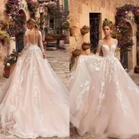 a line long sleeve wedding dresses 2020 sexy illusion back ivory lace appliqued tulle bridal gown beach vestido de novia