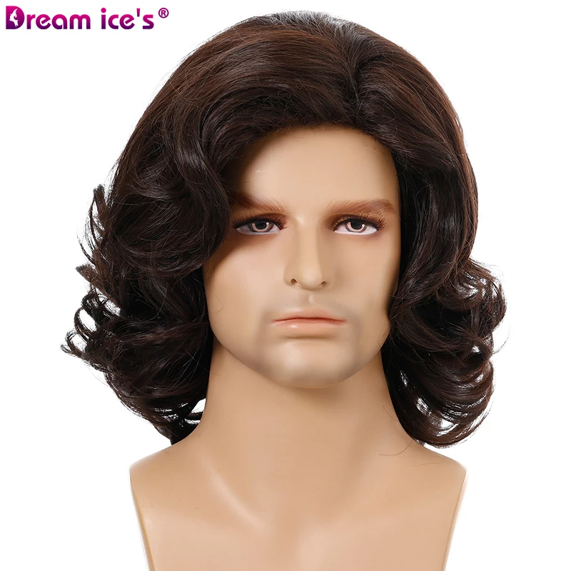 

Medium Loose Wave Curly Synthetic Men Wigs for Party Dark Brown Wig with Bangs Ombre Male Hair Fluffy Bar Wig for Young