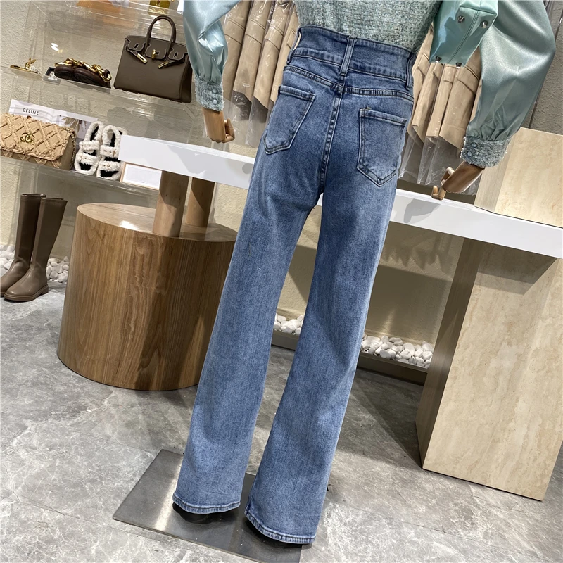 

Brand Original Design Girly Bow Trim Split Jeans With High Waist And Two Buttons Loose Versatile Casual Wide-leg Pants