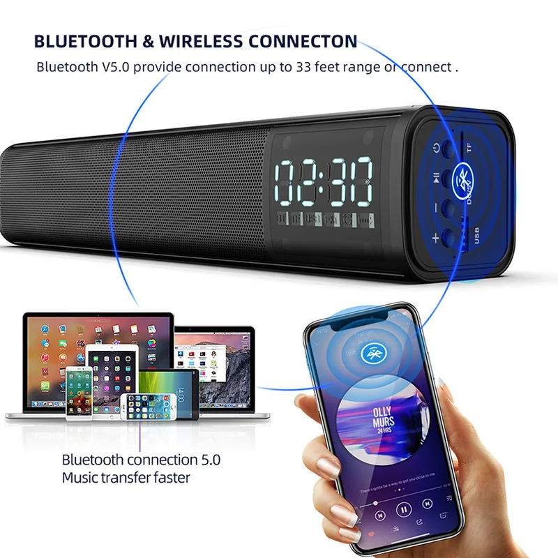 

Bluetooth Sound bar Portable Wireless Speaker Stereo Surround Speakers Outdoor Bass Column Support TF Card/USB Drive/Alarm Clock