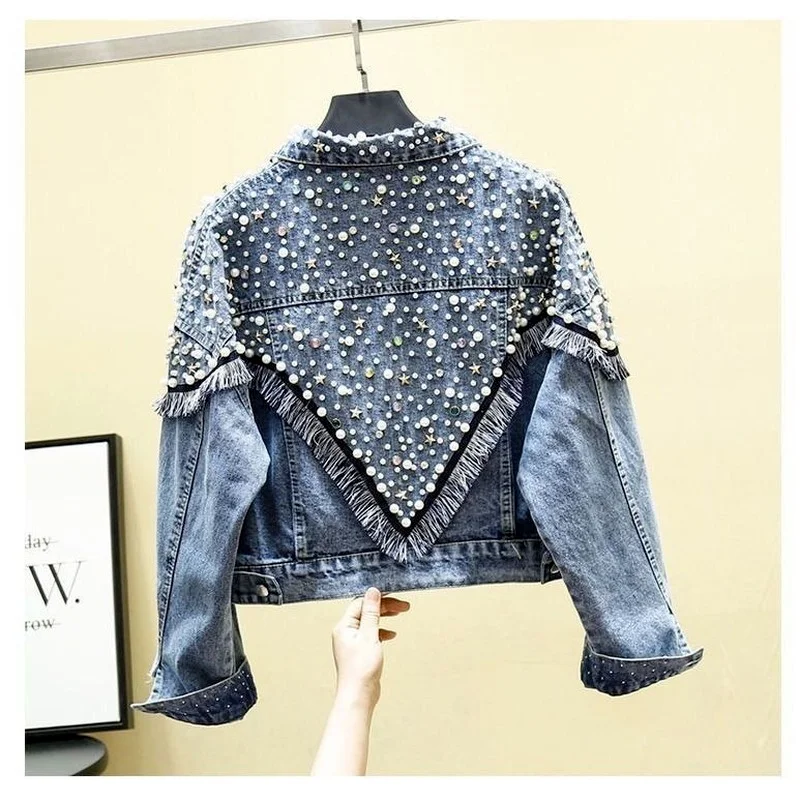 

Tassel Beading Denim Women Jackets Autumn New 2021 Turn-Down Collar Long-Sleeved Pocket Casual All Match Female Outwear Tops