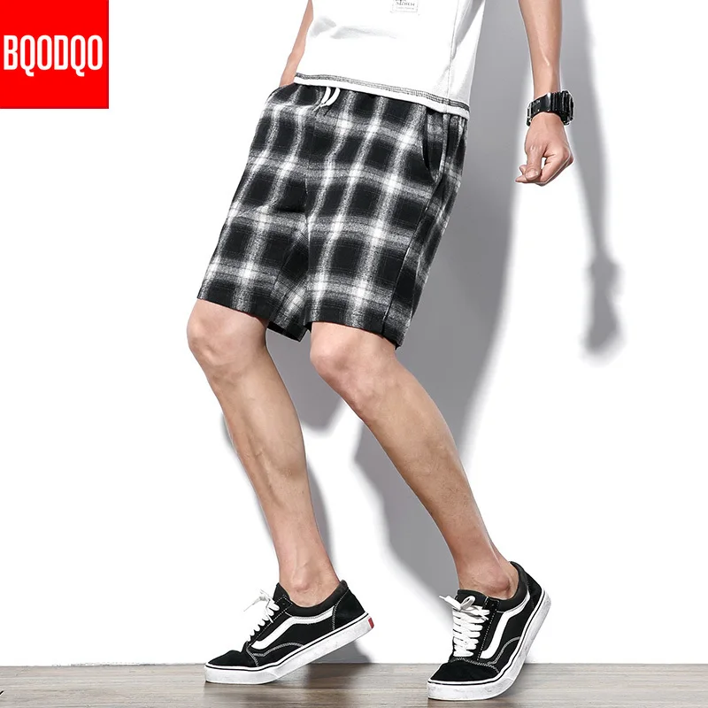 Клетчатые уличные пляжные шорты мужские Черные Мешковатые летние хлопковые