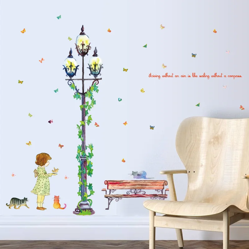 

Roadside Little Girl Kitten Street Lamp Bedroom Children's Room Decorative Waterproof Removable Wall Stickers