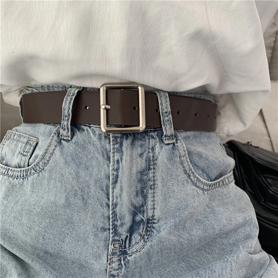 

GMCC Korean Style PU Leather Belt For Women Solid Color Square Metal Buckle Female Belt Retro Simplicity Fashion Jeans Waistband