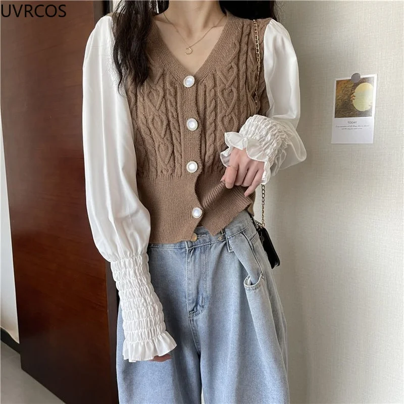 

Women Chic Patchwork Knitted Cardigan Kawaii Cute Lantern Sleeve Single Breasted Top Female Outdoors Casual Knitting Sweater New