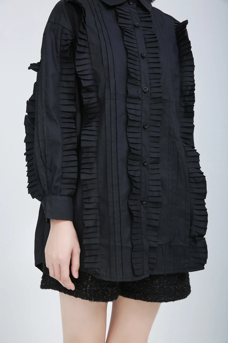 

[EAM] Women Black Pleated Split Big Size Blouse New Lapel Long Sleeve Loose Fit Shirt Fashion Tide Spring Autumn 2021 1S270