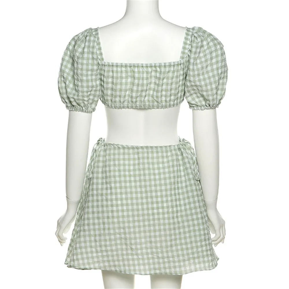 

Women Grid Plaid Hollow Dress Summer Sexy Loose Casual Puff Sleeve Midi Dresses Sweet Girl Gown Sundress Female Clothing 2021