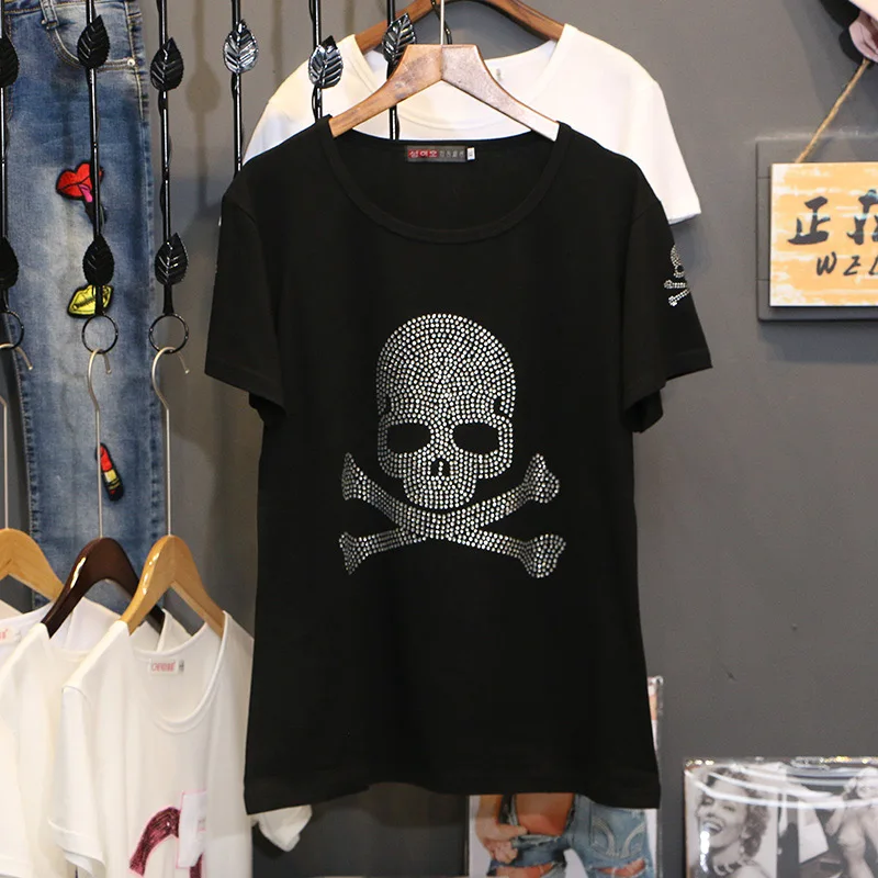 

Short sleeve T-shirt women Summer clothes 2021 New fashion loose Pullovers casual Round neck Skull Hot Diamonds Female Tees tops