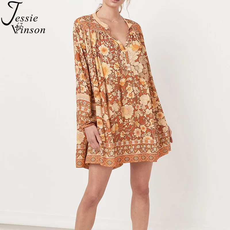 

Женское короткое пляжное платье Jessie Vinson, повседневное свободное платье Бохо с длинным рукавом-фонариком, V-образным вырезом, цветочным прин...