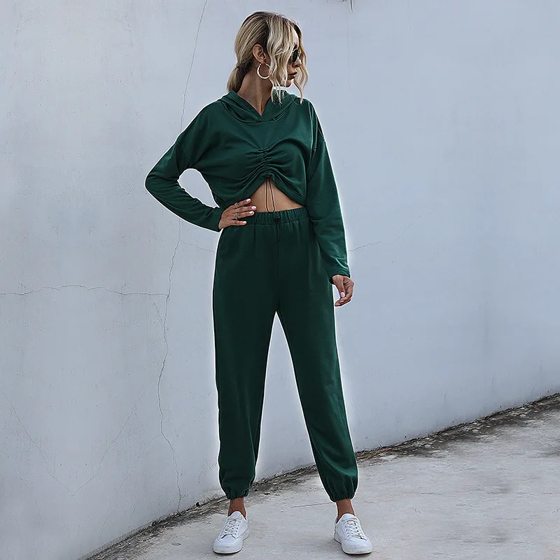 

Women's sportswear hooded sweatshirt 2021 Spring Festival new solid color long-sleeved cropped sweater suit female two-piece