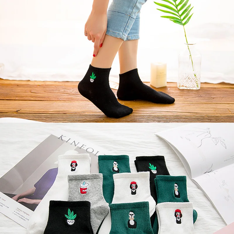 Новые женские милые хлопковые удобные носки с вышивкой в стиле Харадзюку