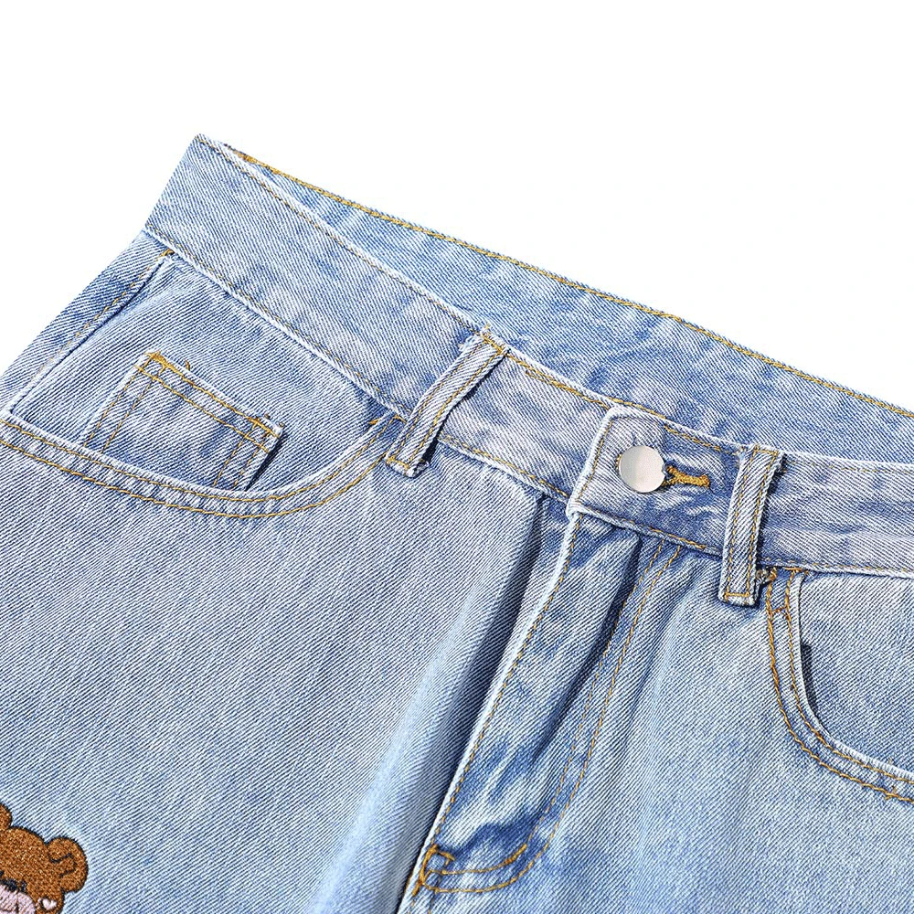 2021 Korean Fashion Cartoon Bear Embroidery Stylish Men Vintage Jeans Trousers Hip Hop Straight Women Wash Denim Pants For Teens