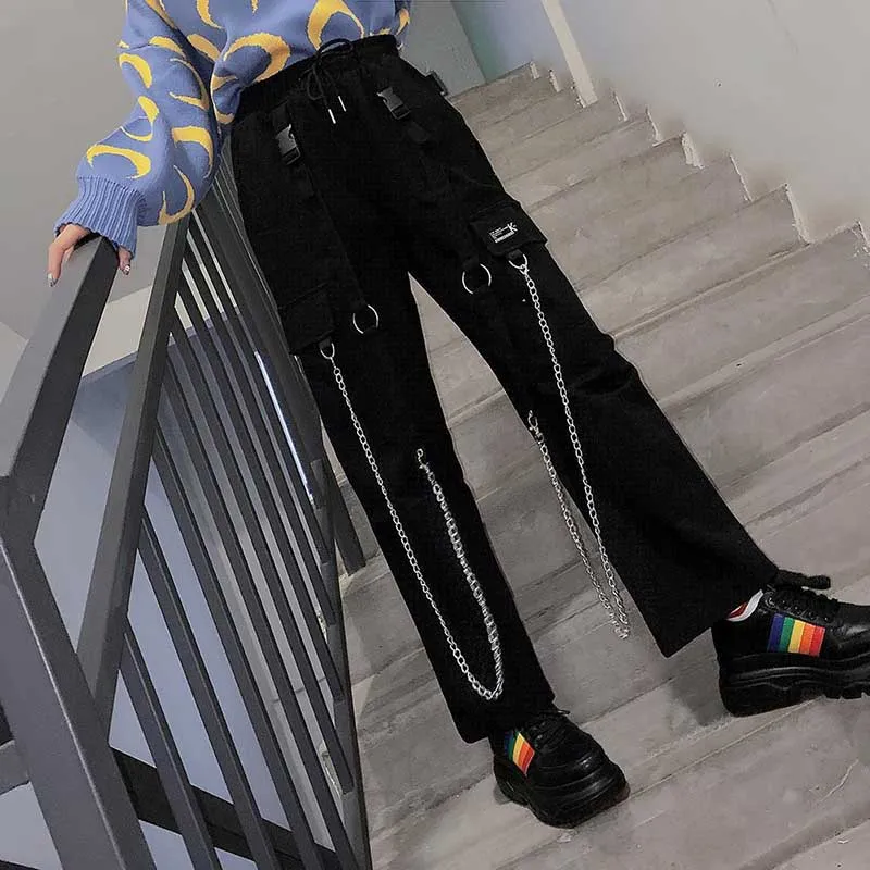 

Vintage high street iron chains big pockets high waist pants Casual loose elastic waist hip hop straight pants women me