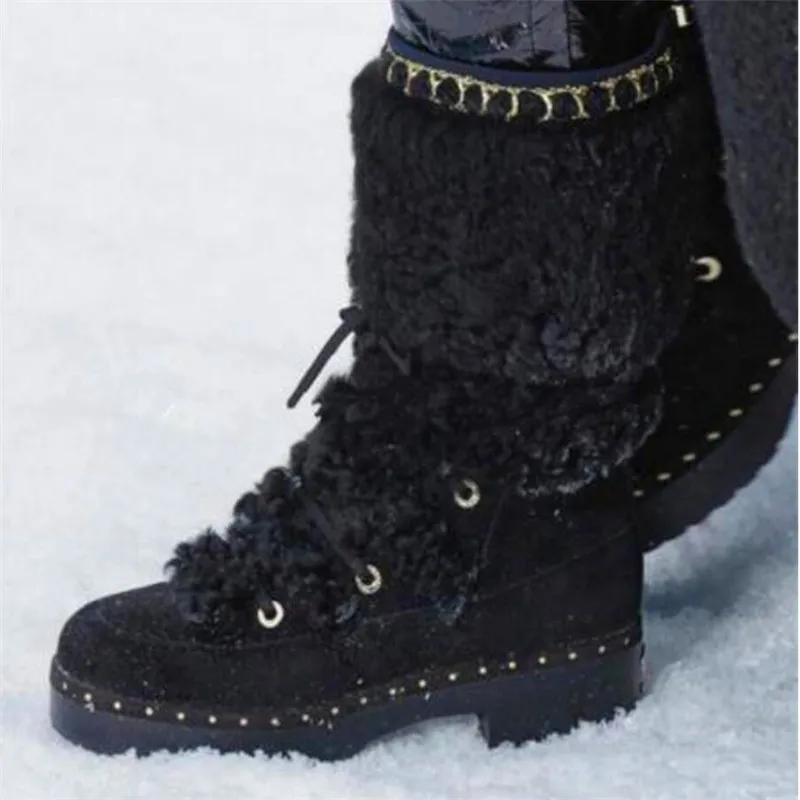 Винтажные зимние сапоги с мехом украшенные шерстью Зимние полусапожки на