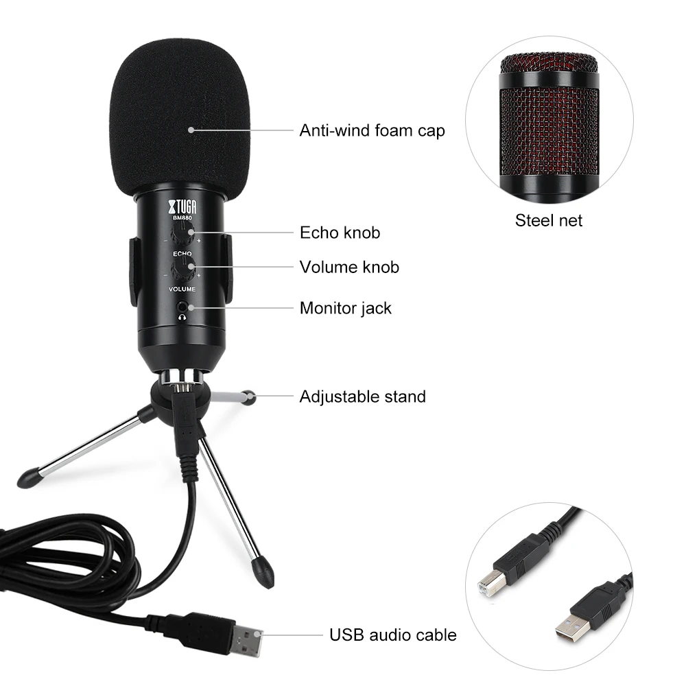 XTUGA USB конденсаторный микрофон для подкастов Встроенный монитор и эхо эффект Vlog