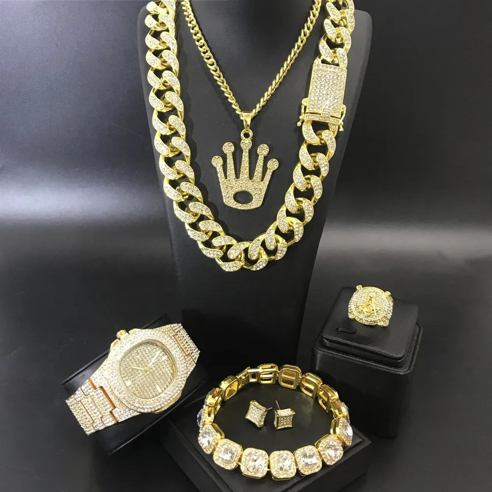 Роскошные мужские золотые часы & ожерелье Braclete серьги кольцо комбо набор ледяное