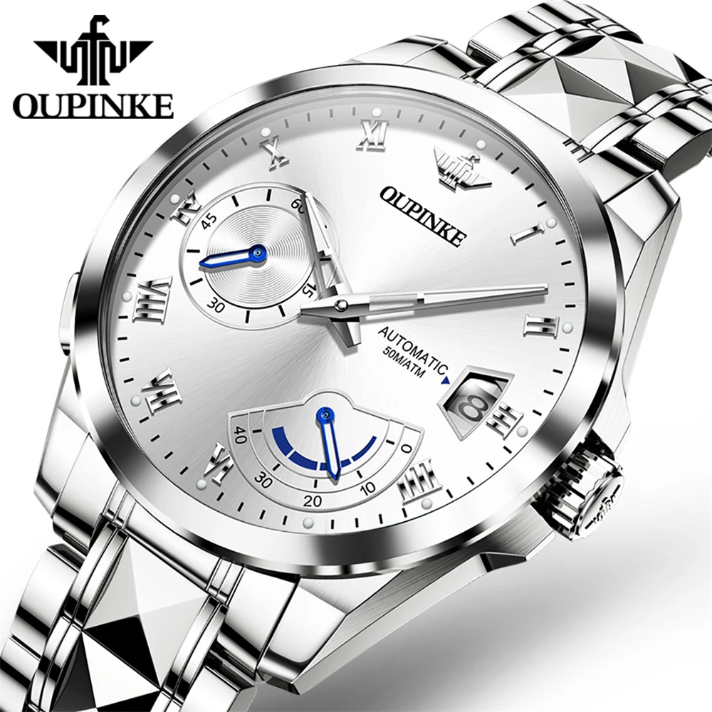 

New OUPINKE Automatic Mechanical Men's Watch Luxury Waterproof Sapphire Tungsten Steel Male Watch Calendar Luminous Reloj Hombre