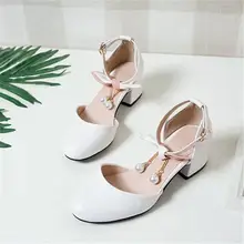 Mulheres bonito doce cristal branco de alta qualidade dedo do pé redondo salto quadrado bombas senhora sexy pérola deco conforto sapatos salto (4)