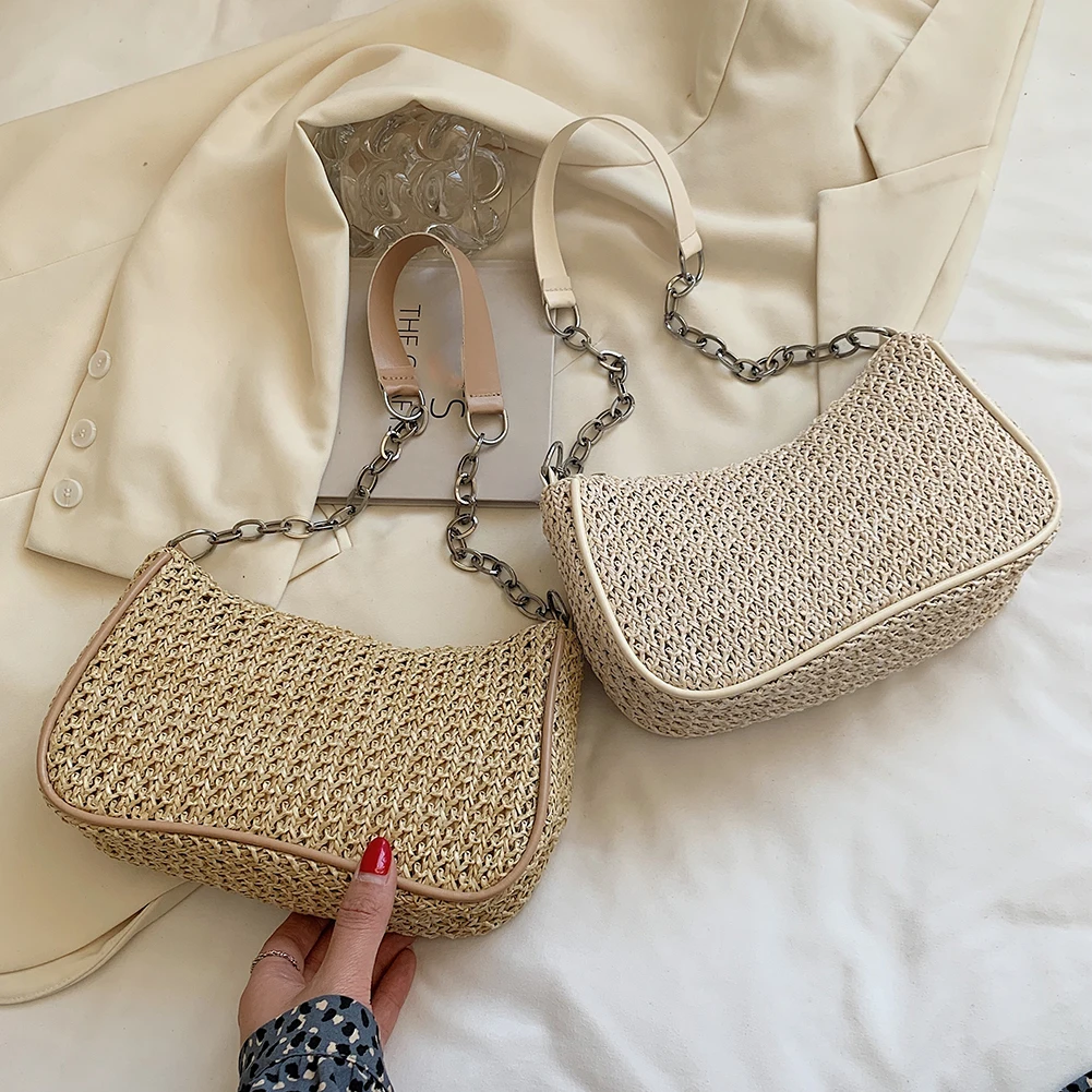 

Casual Pure Color Summer Woven Women Fashion Shoulder Underarm Bags Solid Color Simple Chain Small Shoulder Handbags For Ladies