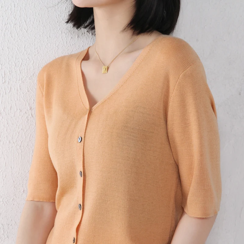 

women thin cardigan wool knitted v-neck single breast short sleeves solid short casual summer top female outwear sunproofclothes